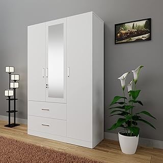 VIKI Wardrobe | Wooden Almirah for Clothes,Door for Bedroom, 3 Door Wardrobe with Drawer, Mirror & Hanging Space (Frosty White - 40D x 120W x 180H) | 1 Year Warranty | Free Assembly