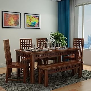 WOODLAB Sheesham Wood Kuber Dining Table Set with 4 Chair and 1 Bench for Home Dining Room Wooden 6 Seater Dinner Table for Living Room Hotels Restaurants - Natural Finish