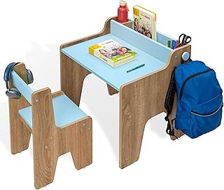 StarAndDaisy Study Table for Kids 3-12years Boys Girls/Kids Study Table with Hight Adjustable Table & Chair, Book Storage, Book Holder & Cup Holder (Blue (with LED LAMP), Engineered Wood
