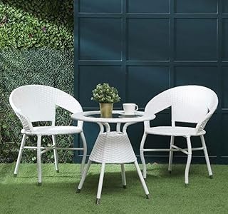 Patio Chair Sets Wicker Garden Indoor Outdoor Patio Balcony Coffee Table Set Furniture Powder Coated Frame with 2 Chair and Table Sets (White)
