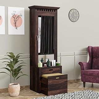 Sheesham Solid Wood Wooden Dressing Table for Bedroom with 1 Drawer and 1Cushioned Stool Mirror and Huge Storage Space | Long Dresser Table (Walnut Finish)