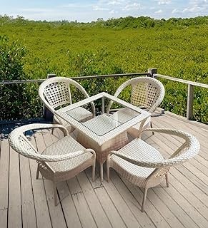 Rattan India Patio Seating 4 Chair and 1 Table Set with Glass Wicker Furniture Set for Balcony Outdoor Patio Indoor Living Room, Powder Coated Frame Uv Protected Wicker (Skin)
